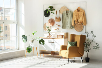 Interior of light room with jackets on pin board, armchair and plants