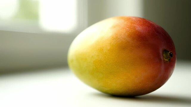 Fresh mango transitions from green to vibrant orange, showcasing the ripening process in a well-lit indoor setting with soft natural light enhancing the fruit's texture