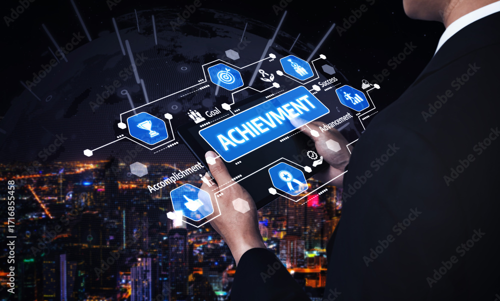 Poster this image showcases a visually striking display of achievement metrics with digital elements, set a