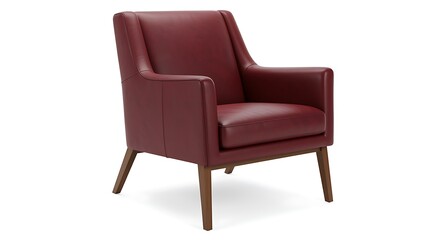 Obraz premium Red leather armchair with wooden legs on white background upholstery