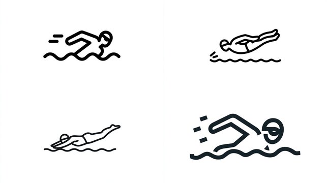 Collection of minimalist icons depicting various swimming strokes on stylized water waves