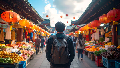 Rear view of a man with a backpack walking through a vibrant Asian market with lanterns and fresh produce.