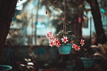 Hanging flower pot with pink blossoms in soft focus.