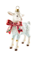 Vintage faience lamb Christmas ornament with holly bow, PNG with transparent background, festive ceramic decoration.