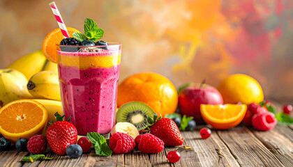 Colorful layered fruit smoothie with fresh fruits on a rustic wooden table.