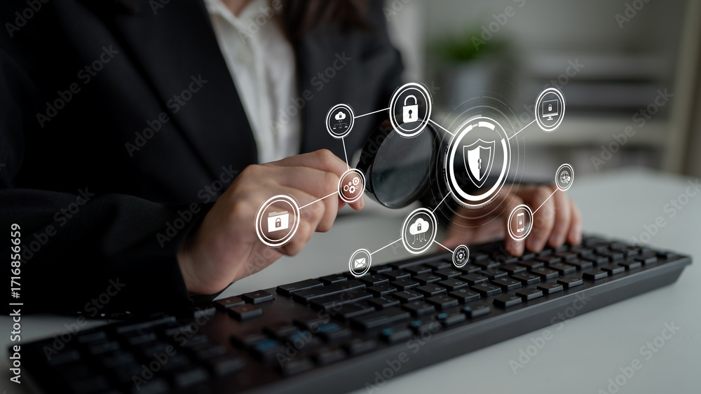 Poster cyber security protects against breaches, hacks, and network attacks using strong infrastructure and