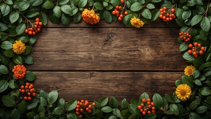 A decorative border of vibrant orange and yellow flowers, rich green leaves, and red berries arranged around a rustic wooden surface creates a warm autumnal scene.