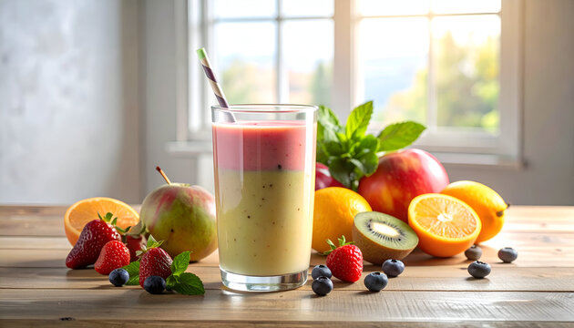 Refreshing Layered Fruit Smoothie with Fresh Fruits on a Wooden Table by a Window. - Powered by Adobe
