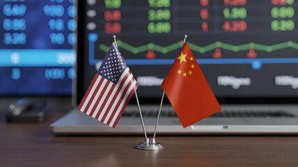 US and China flags on a desk with laptop displaying stock market data, international finance concept
