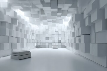 Abstract White Cube Room with Minimalist Furniture and Bright Lighting
