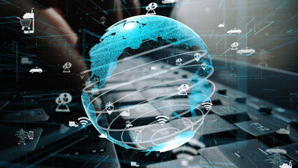 A digital illustration showcasing a globe with network symbols, highlighting the interconnectedness of technology and smart devices in a modern online environment. Xenic