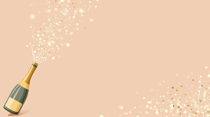 Champagne bottle exploding with golden sparkling confetti festive luxury New Year celebration background.