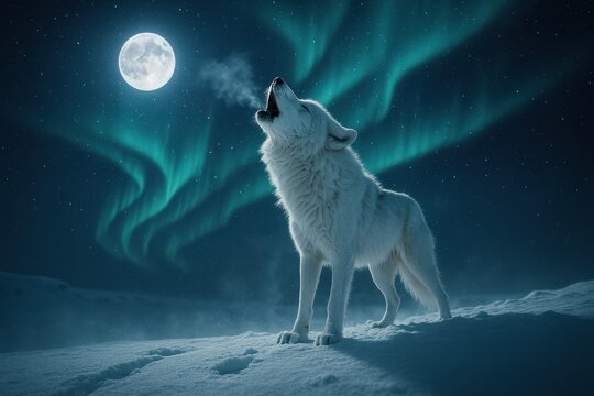 Mystic arctic wolf on windswept icy ridge howling beneath a luminous full moon with aurora veils and drifting snow under a star filled night sky - Powered by Adobe