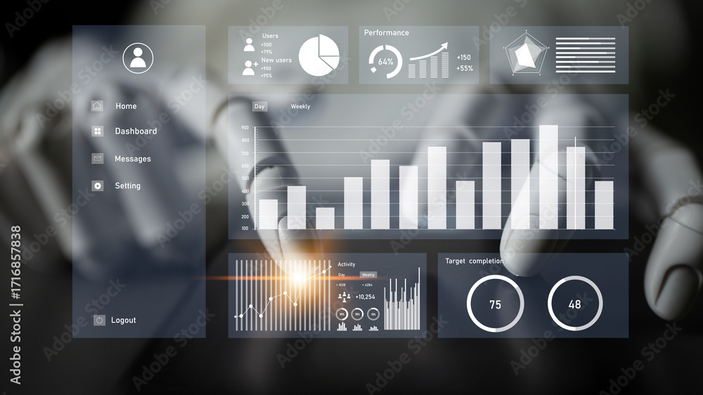 Poster robotic hand interacts with a futuristic digital dashboard showcasing various data visualizations, h