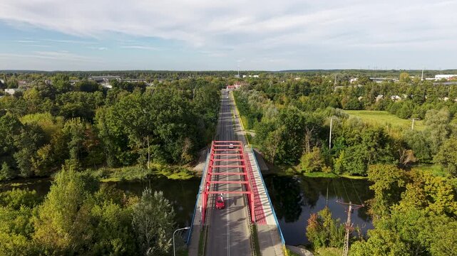 Aerial Bydgoszcz Poland river bridge traffic. Historic population center. Northern Poland. River Brda inland waterway, tributary of Vistula. Host to international regatta rowing competition.