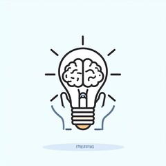 Lightbulb with brain inside, held by hands.  Simple graphic