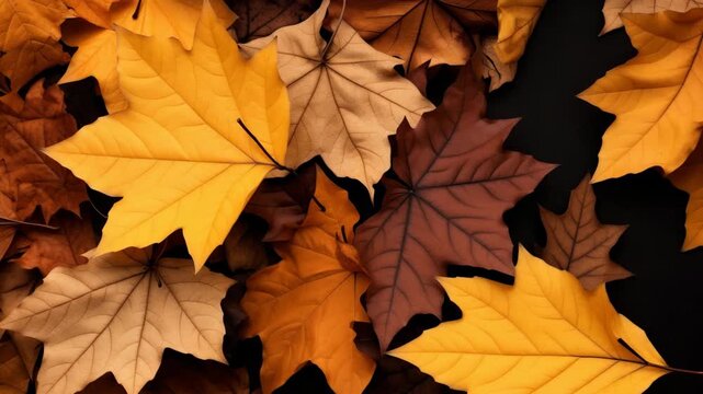 Top-down view of vibrant autumn leaves in various shades of yellow and brown. Perfect for a seasonal video background or nature-themed project. Live desktop wallpaper.