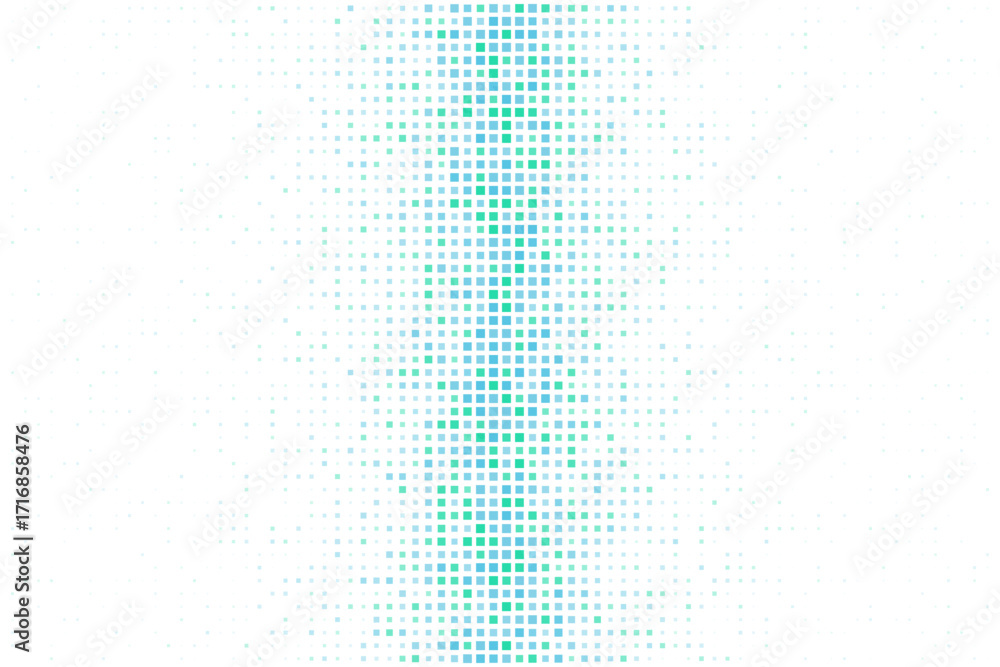 Poster abstract digital background with glowing blue and green pixelated squares forming a vertical light b