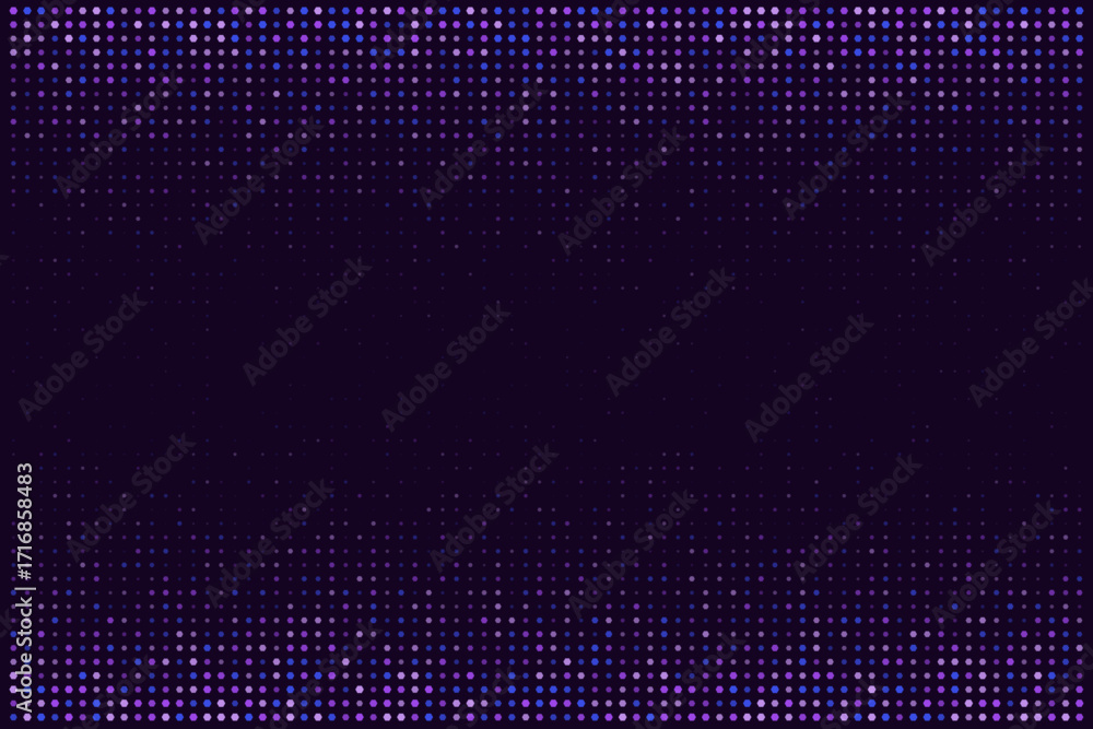 Poster abstract digital background with glowing purple and blue dots creating a futuristic halftone pattern