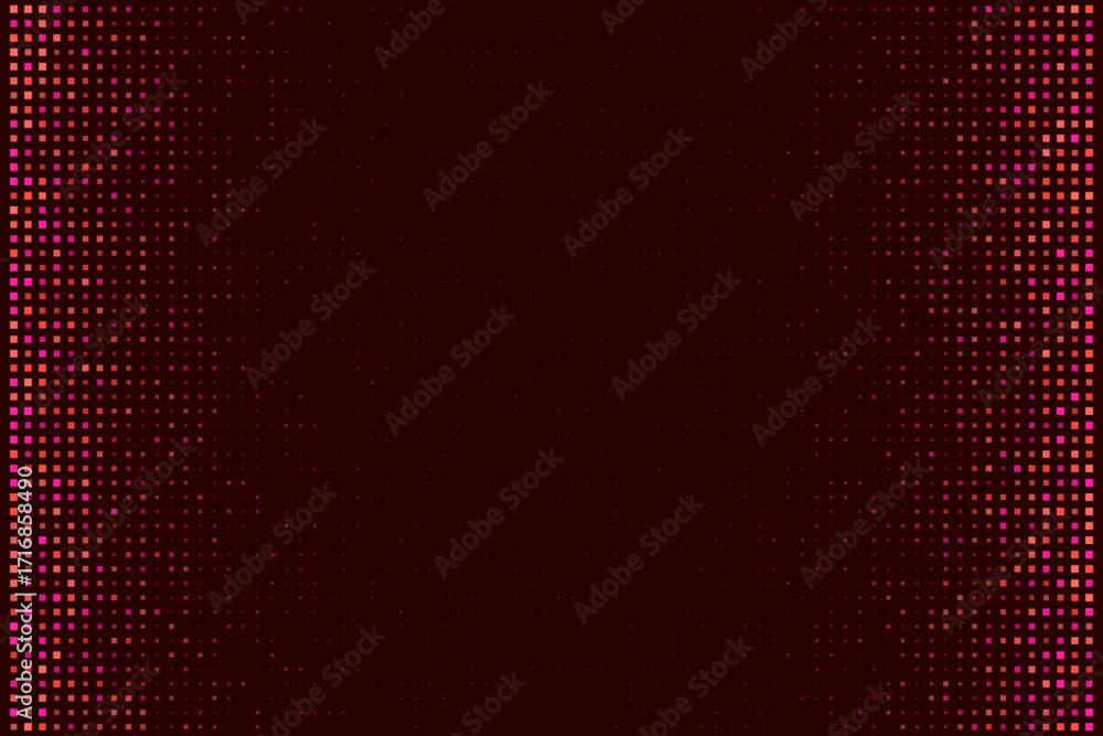 Poster abstract digital background with vibrant pink and orange square pixels fading into a deep red center