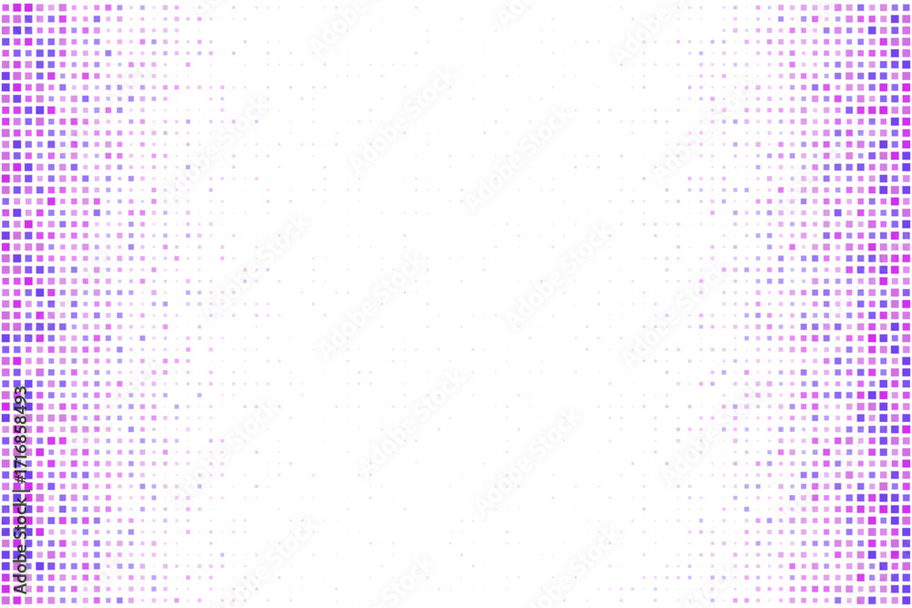 Poster abstract digital background with fading purple and pink square pixels on a black backdrop, creating 