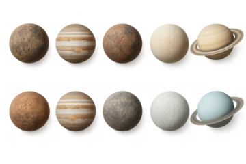 Realistic collection of diverse planets isolated on white background with rings craters oceans and ice caps clean layout for education and design