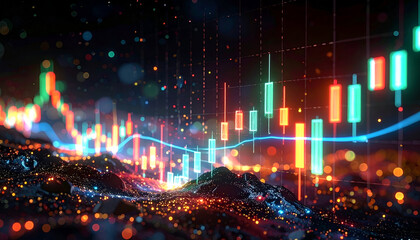 Abstract Financial Chart with Candlestick Pattern and Glowing Lights.