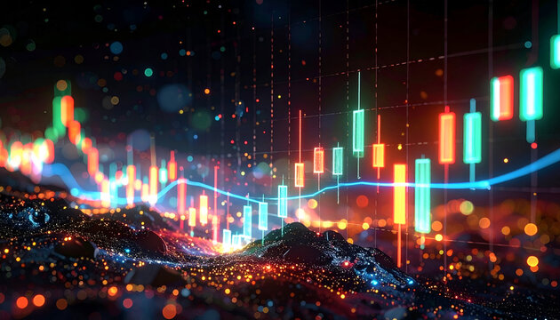 Abstract Financial Chart with Candlestick Pattern and Glowing Lights.
