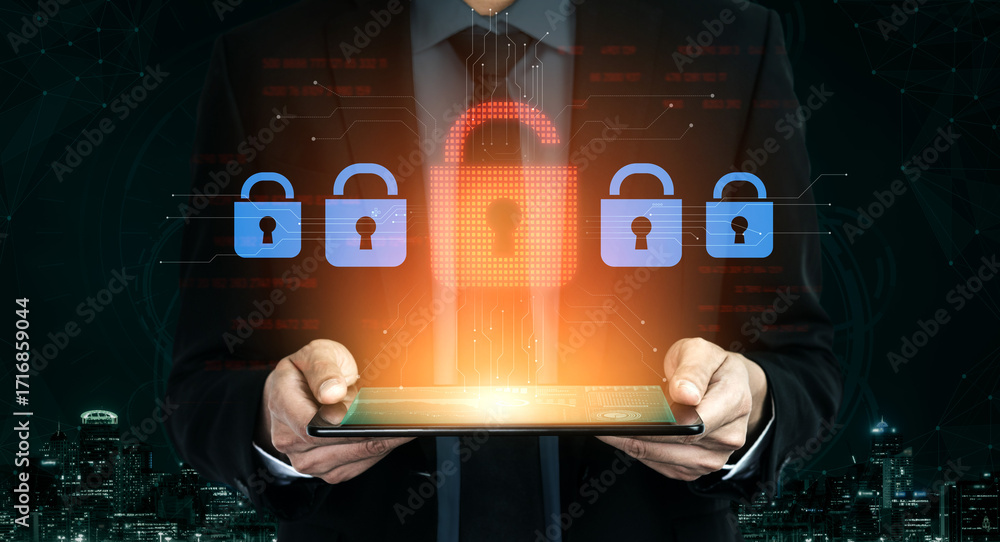 Poster digital security concept illustrating a cybersecurity breach, with a red unlocked padlock indicating