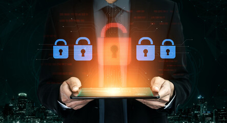 Digital security concept illustrating a cybersecurity breach, with a red unlocked padlock...