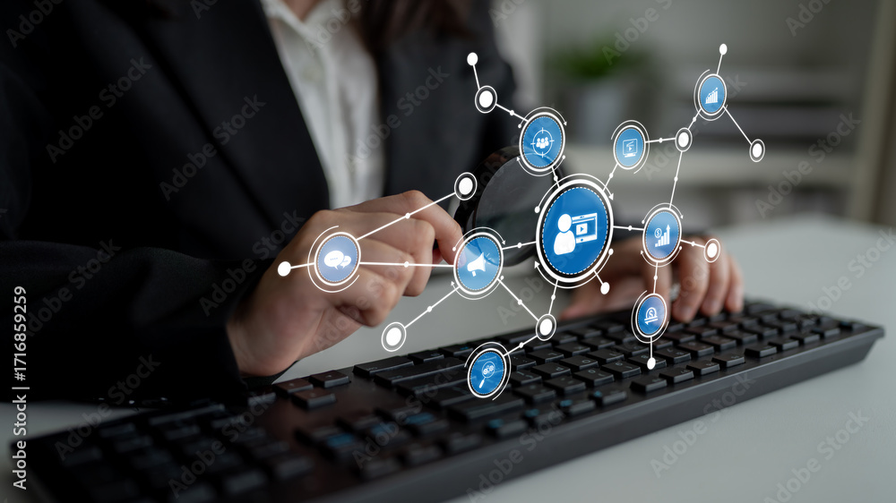 Poster a business professional engages with a keyboard, surrounded by digital icons representing technology