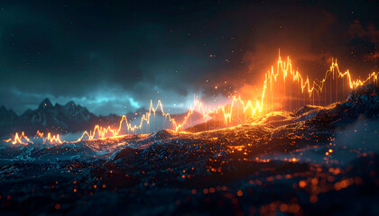 Abstract Mountain Landscape with Financial Charts.