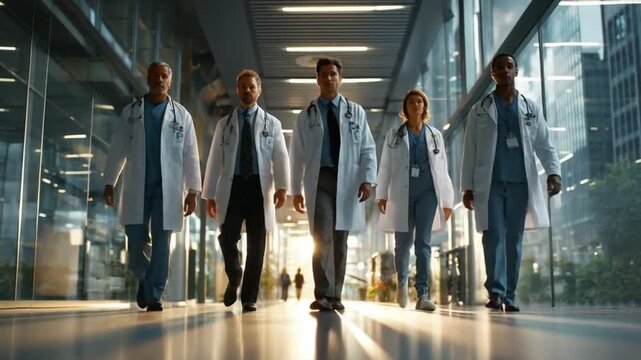 Medical specialists meet in bright lobby ready to serve embodying the healthcare hero ethos Video 4K UHD 60fps