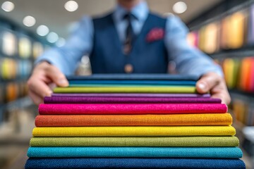 Fototapeta premium A professional presents a vibrant stack of colorful fabric samples for design.