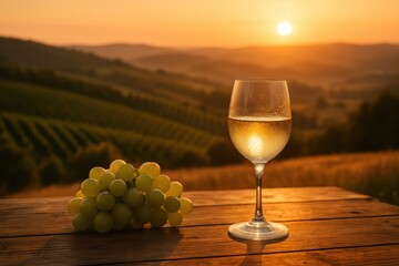 Chilled glass of white wine with green grapes on rustic table overlooking sunlit vineyard hills and golden summer fields at sunset