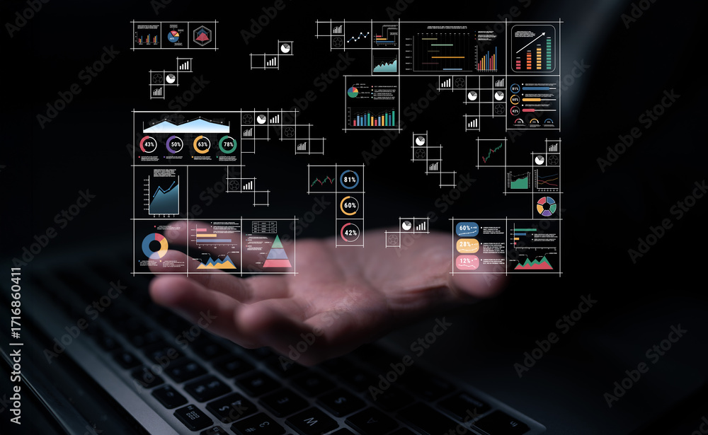 Poster a big data visualization and business analytics dashboard grid. a complex collection of charts and g
