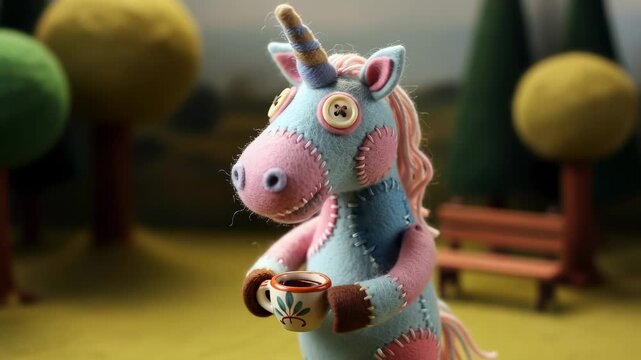 A whimsical felt unicorn puppet with pink and blue patches, button eyes, and a striped horn holds a coffee cup in a colorful forest with trees and a bench
