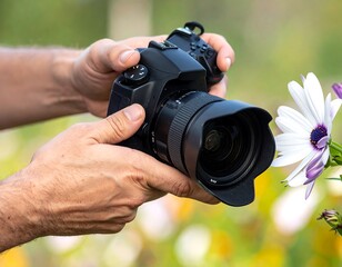 Hands holding a camera, focusing on a flower