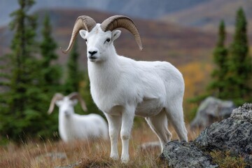 Fototapeta premium Two white Dall sheep with curving horns stand on a rocky Alaskan slope amid sparse greenery