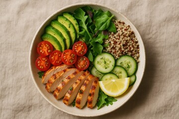 Healthy grilled chicken salad with avocado tomato greens and quinoa on rustic plate clean eating nutrition macro balanced lunch view vibrant colors