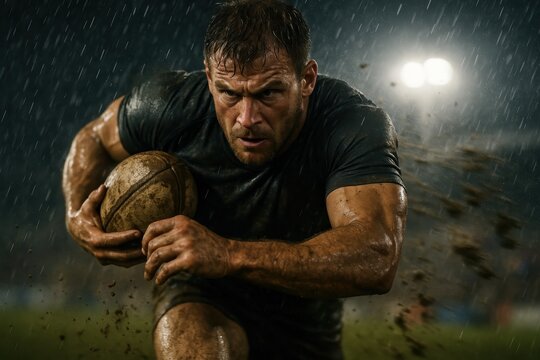 Intense close up portrait of a muddy rugby player sprinting with ball under stadium lights fierce determination sweat grit dynamic sports action freeze