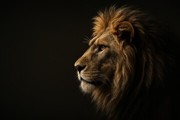 Obraz premium Majestic male lion profile portrait on a dark gradient background with elegant copy space for banner text ultra detailed fur