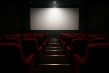 Obraz premium Modern cinema auditorium with plush red seats and dramatic lighting facing a huge blank projection screen before the feature presentation