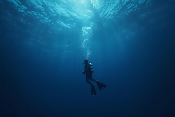 A scuba diver explores a vibrant in the deep blue sea