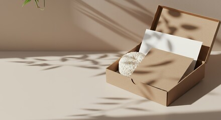 Flat lay mockup of a kraft paper box containing stationery and a textured object, with soft natural light and neutral earth tones