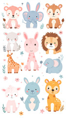 Fototapeta premium Adorable Cartoon Animals Collection - Fox, Elephant, Lion, Giraffe, and More.