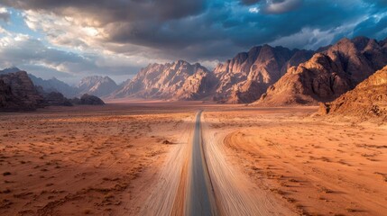 Fototapeta premium Long desert road with sandy mountain background concept. Breathtaking desert road winding through majestic mountain scenery.