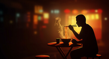 Fototapeta premium Man eating noodles at a table in a dimly lit restaurant 