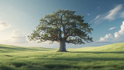 Obraz premium Majestic Oak Tree in Rolling Green Field, Serene Summer Landscape Photography
