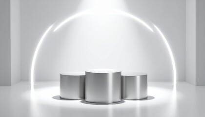 Silver Cylindrical Display Stands with Bright White Circular Neon Lights